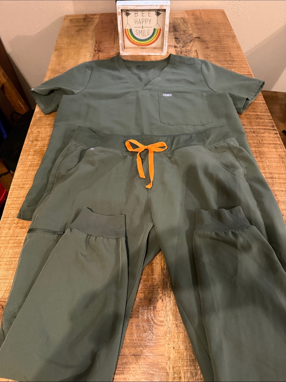 Olive Green Women's Scrub Top and Pants with Orange Drawstring. (Set)